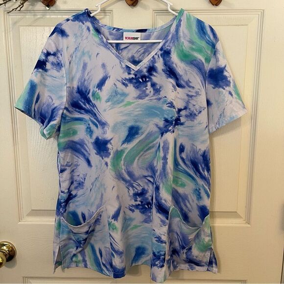 Tops - SCRUB TOP  Blue Waves   Size XL  pockets Scrub Star Light weight and  cool